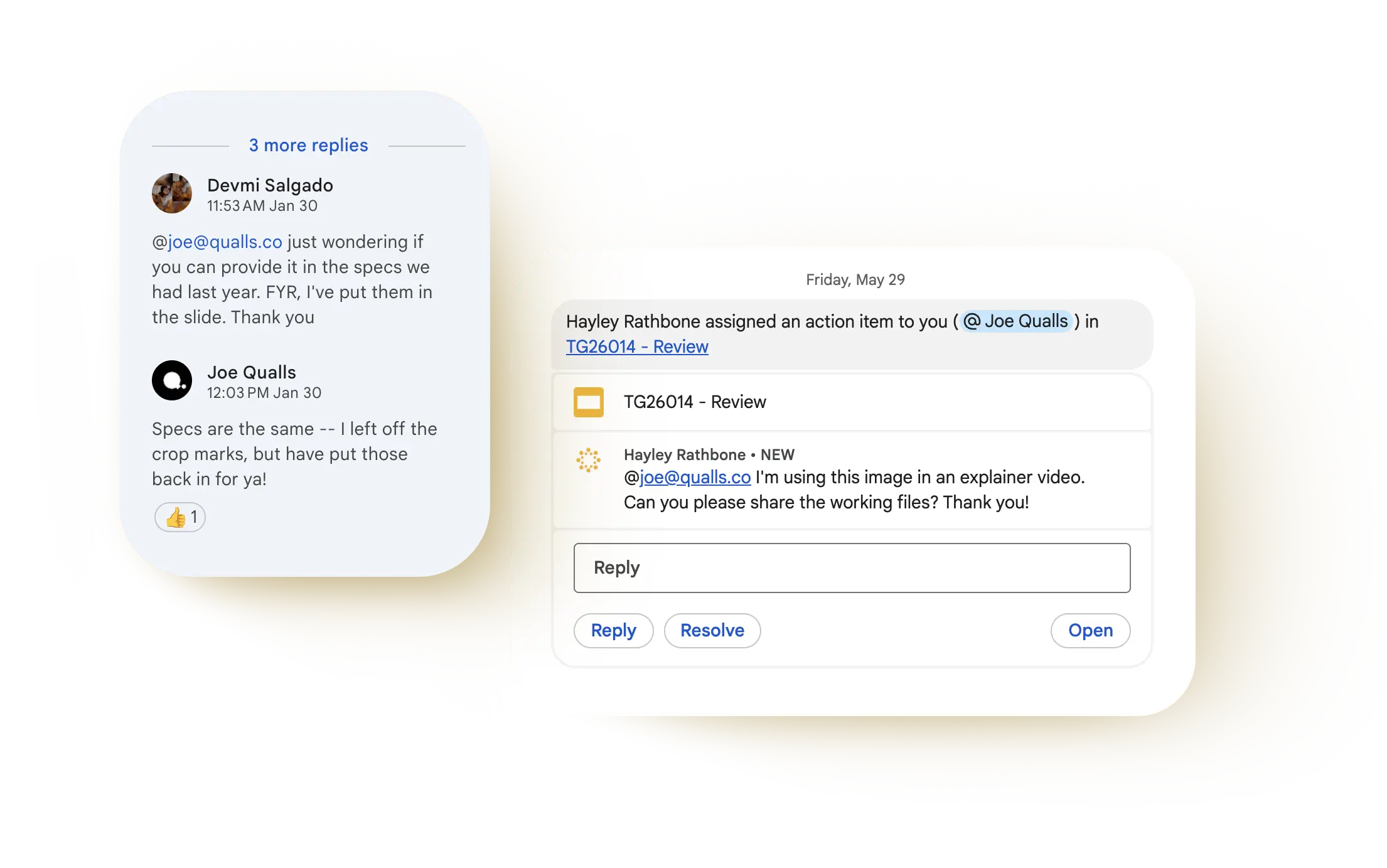 Threaded comments and an assigned action item attached directly to a creative review