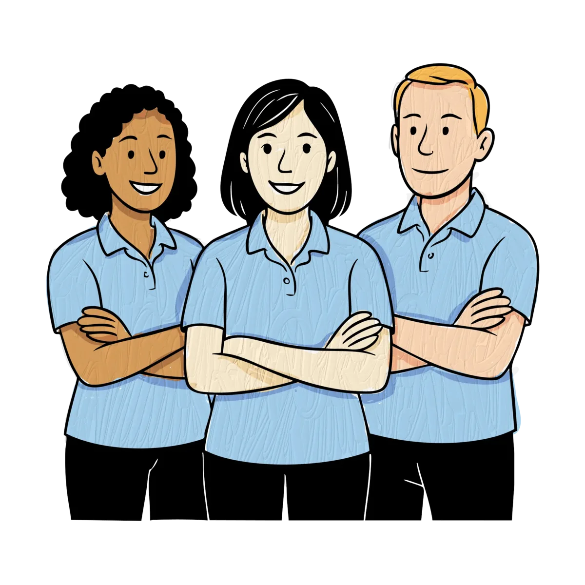 Hand-drawn portrait of three District Nurses carers in uniform