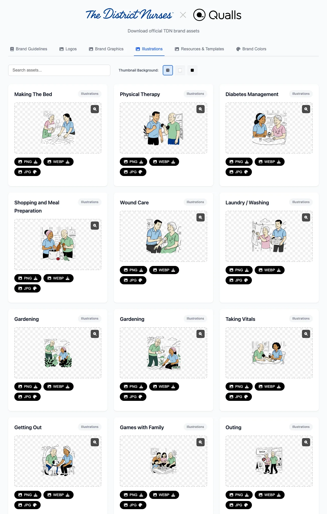 A grid of hand-drawn illustrations covering services from making the bed to wound care