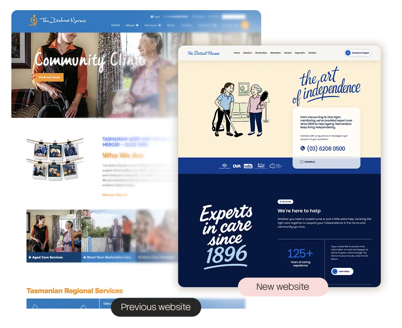 The previous District Nurses website behind the new homepage, labelled previous and new